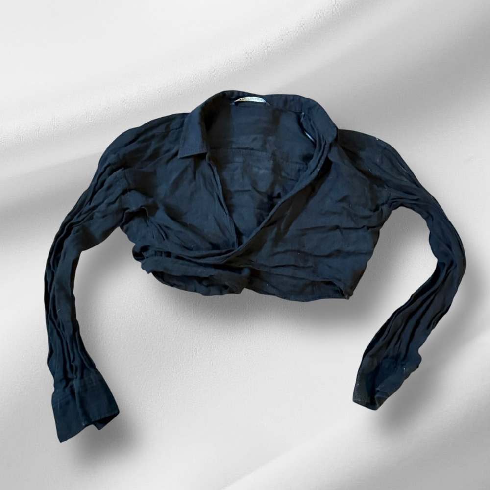 Zara Linen Black Wraparound Cropped Top